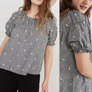 Madewell Embroidered Gingham Shirred Puff-Sleeve Top Blouse Black White S